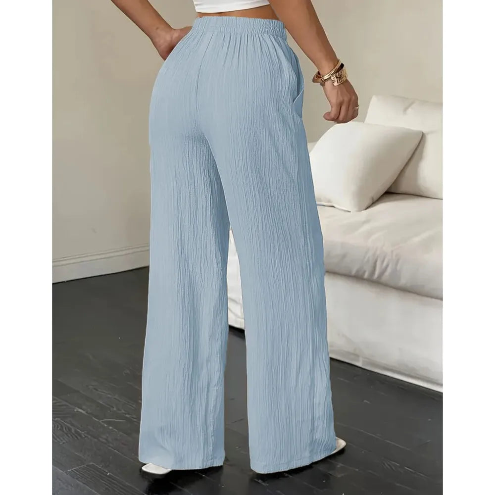 Pantalones de Moda Texturizados de Color Sólido, Pantalones Rectos con Cordones en la Cintura y Bolsillos para Mujer, Primavera-Verano, Ropa Mujer