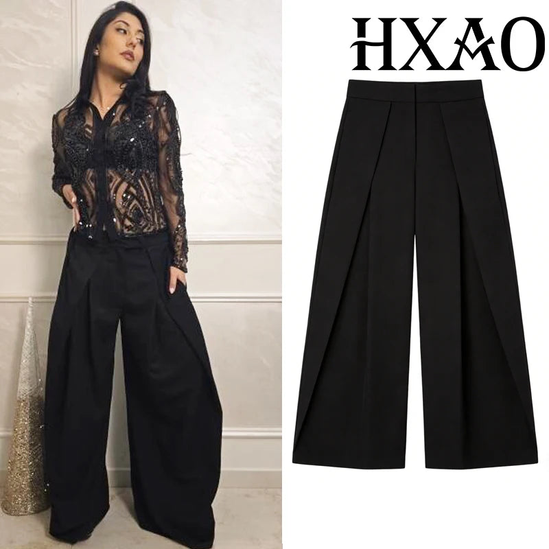 Pantalones anchos plisados HXAO para mujer, pantalones de traje holgados para mujer, pantalones beige de cintura alta para oficina y trabajo, pantalones de pierna ancha oversize para primavera