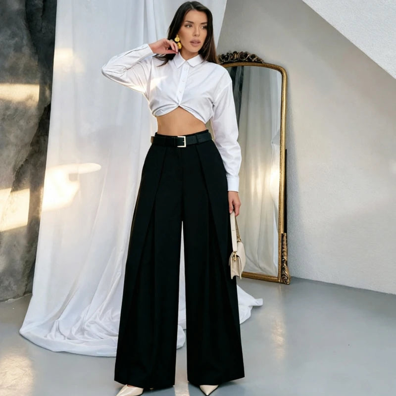 Pantalones anchos plisados HXAO para mujer, pantalones de traje holgados para mujer, pantalones beige de cintura alta para oficina y trabajo, pantalones de pierna ancha oversize para primavera
