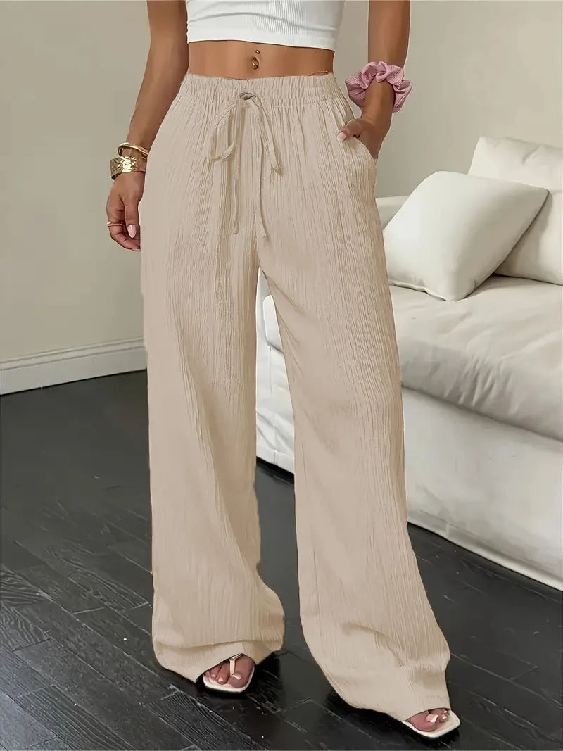 Pantalones de Moda Texturizados de Color Sólido, Pantalones Rectos con Cordones en la Cintura y Bolsillos para Mujer, Primavera-Verano, Ropa Mujer