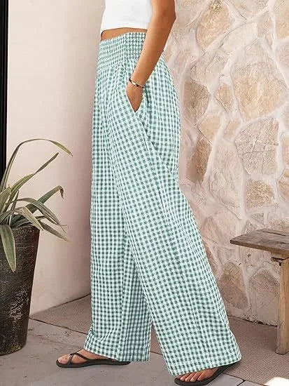 Pantalones Anchos de Cintura Media con Estampado Informal a Cuadros, de Algodón y Cáñamo, para Mujer, Primavera/Verano 2026