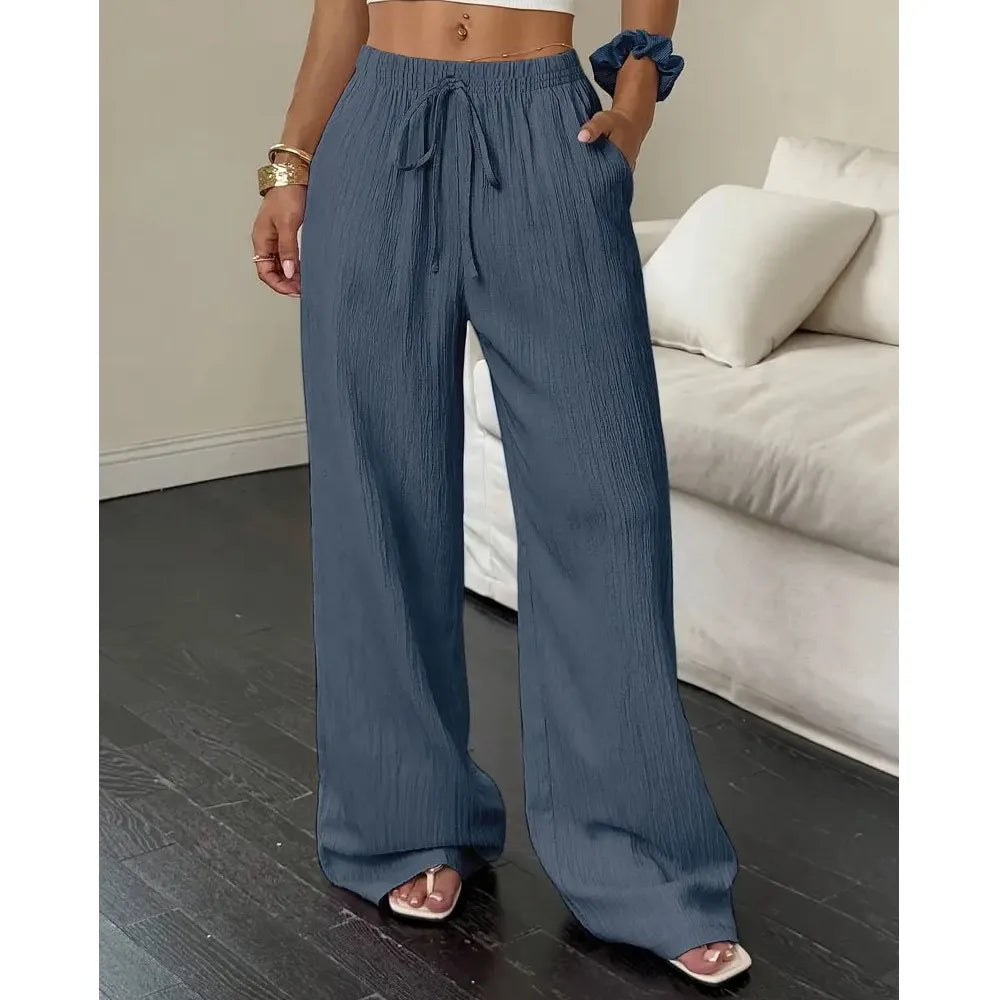 Pantalones de Moda Texturizados de Color Sólido, Pantalones Rectos con Cordones en la Cintura y Bolsillos para Mujer, Primavera-Verano, Ropa Mujer