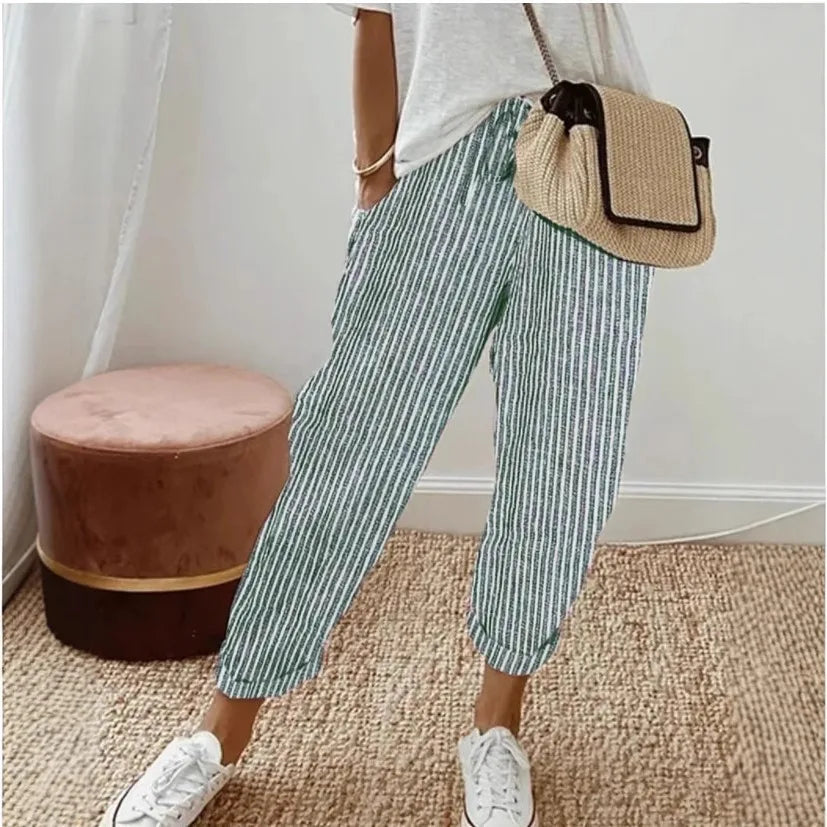 Pantalones informales con cordón de cintura elástica y estampado de rayas holgadas a la moda para mujer transfronteriza europea y americana novedad de verano