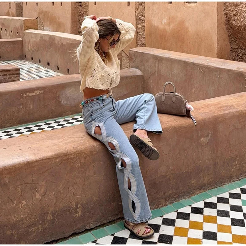 Moda mujer diamante estrella azul Jeans cintura alta bolsillos cremallera pierna ancha Denim pantalón 2026 primavera señora calle todo-fósforo pantalón