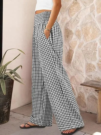 Pantalones Anchos de Cintura Media con Estampado Informal a Cuadros, de Algodón y Cáñamo, para Mujer, Primavera/Verano 2026