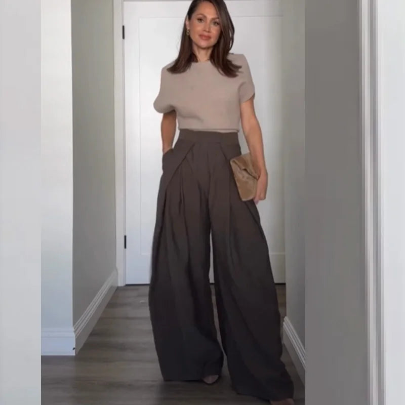 Pantalones anchos plisados HXAO para mujer, pantalones de traje holgados para mujer, pantalones beige de cintura alta para oficina y trabajo, pantalones de pierna ancha oversize para primavera