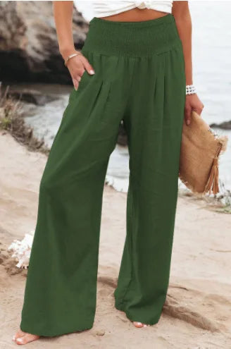 Pantalones casuales de mujer con cordón, cintura media, pierna ancha de playa, primavera y verano, pantalones europeos y americanos