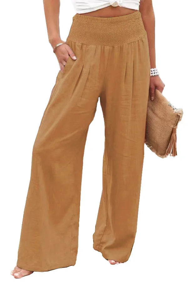 Pantalones casuales de mujer con cordón, cintura media, pierna ancha de playa, primavera y verano, pantalones europeos y americanos