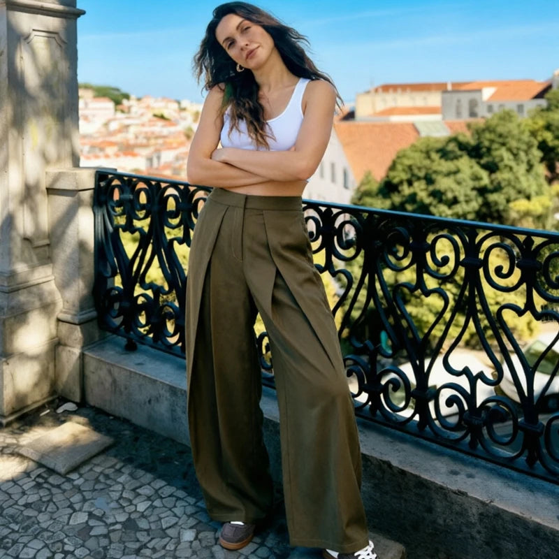 Pantalones anchos plisados HXAO para mujer, pantalones de traje holgados para mujer, pantalones beige de cintura alta para oficina y trabajo, pantalones de pierna ancha oversize para primavera