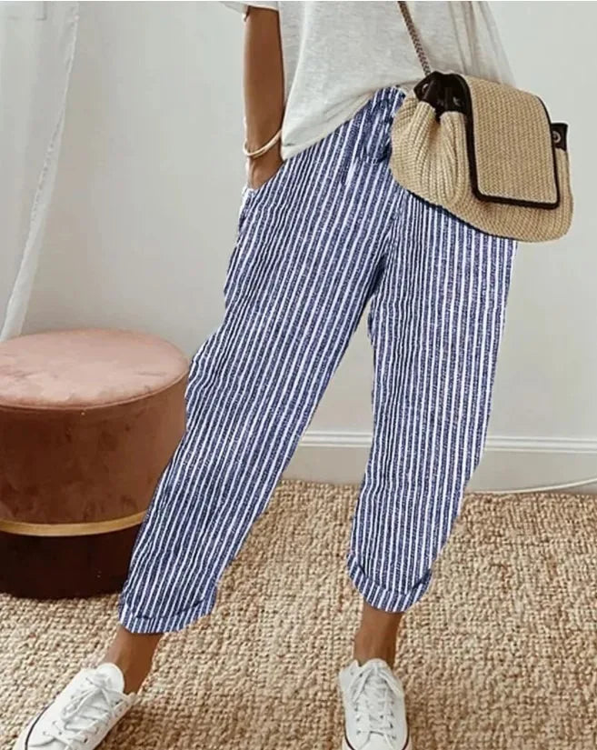 Pantalones informales con cordón de cintura elástica y estampado de rayas holgadas a la moda para mujer transfronteriza europea y americana novedad de verano
