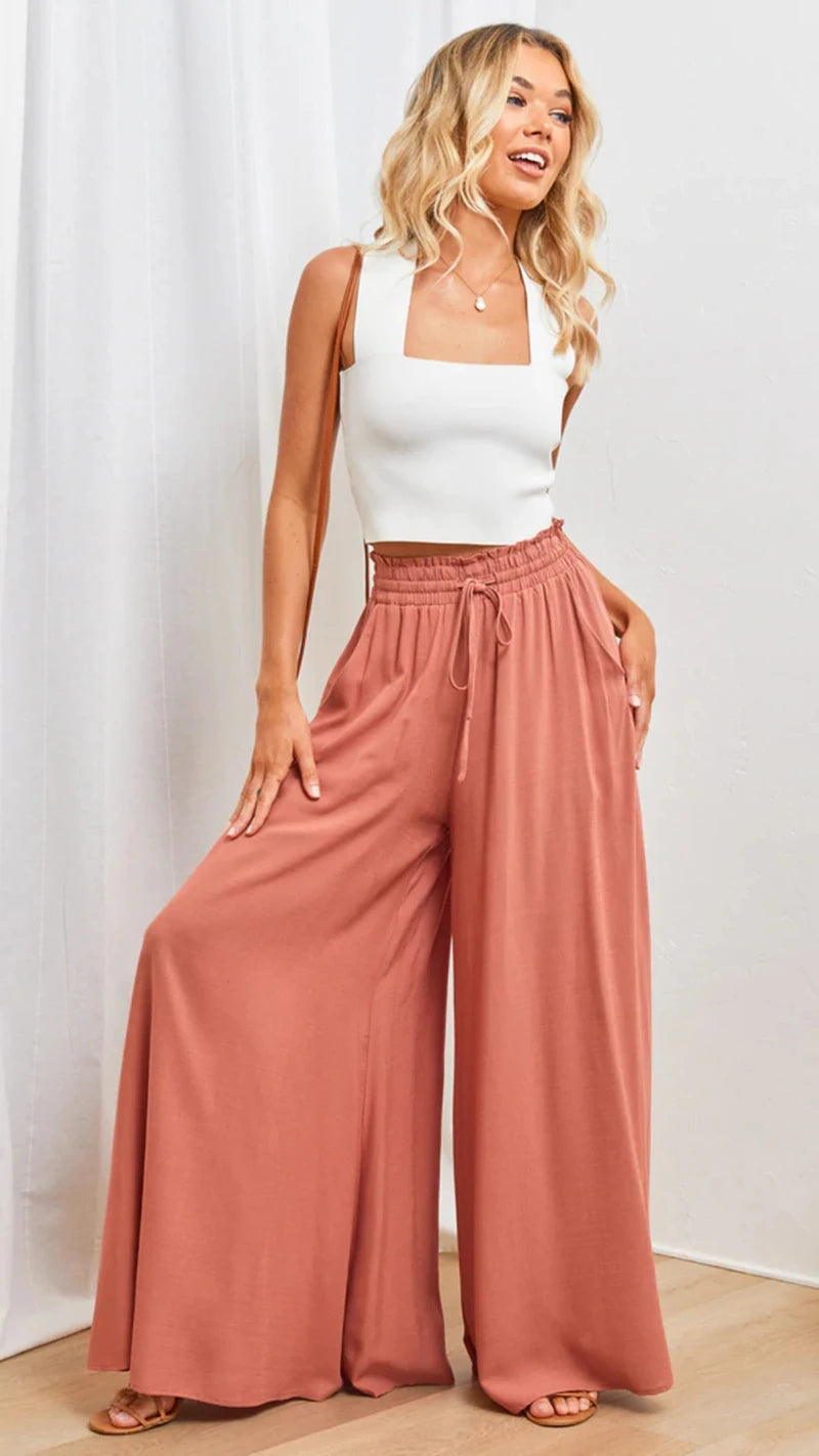 Pantalones de pierna ancha de verano para mujer con cintura elástica