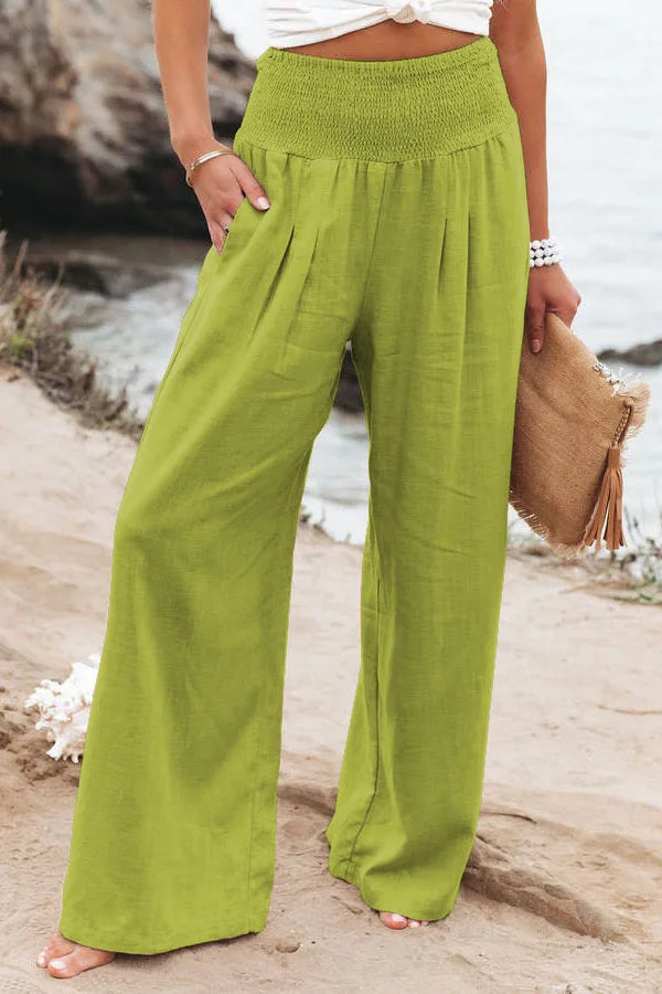 Pantalones casuales de mujer con cordón, cintura media, pierna ancha de playa, primavera y verano, pantalones europeos y americanos
