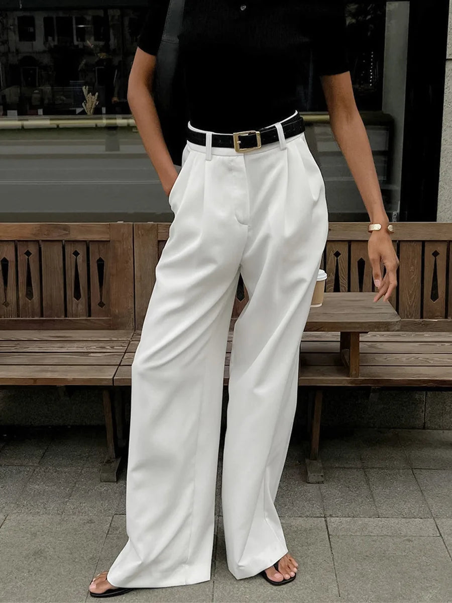 Pantalones de pierna ancha blancos ligeros de lujo para mujer, pantalones de pierna recta de cintura alta con temperamento versátil para ir al trabajo y ocio, primavera y otoño