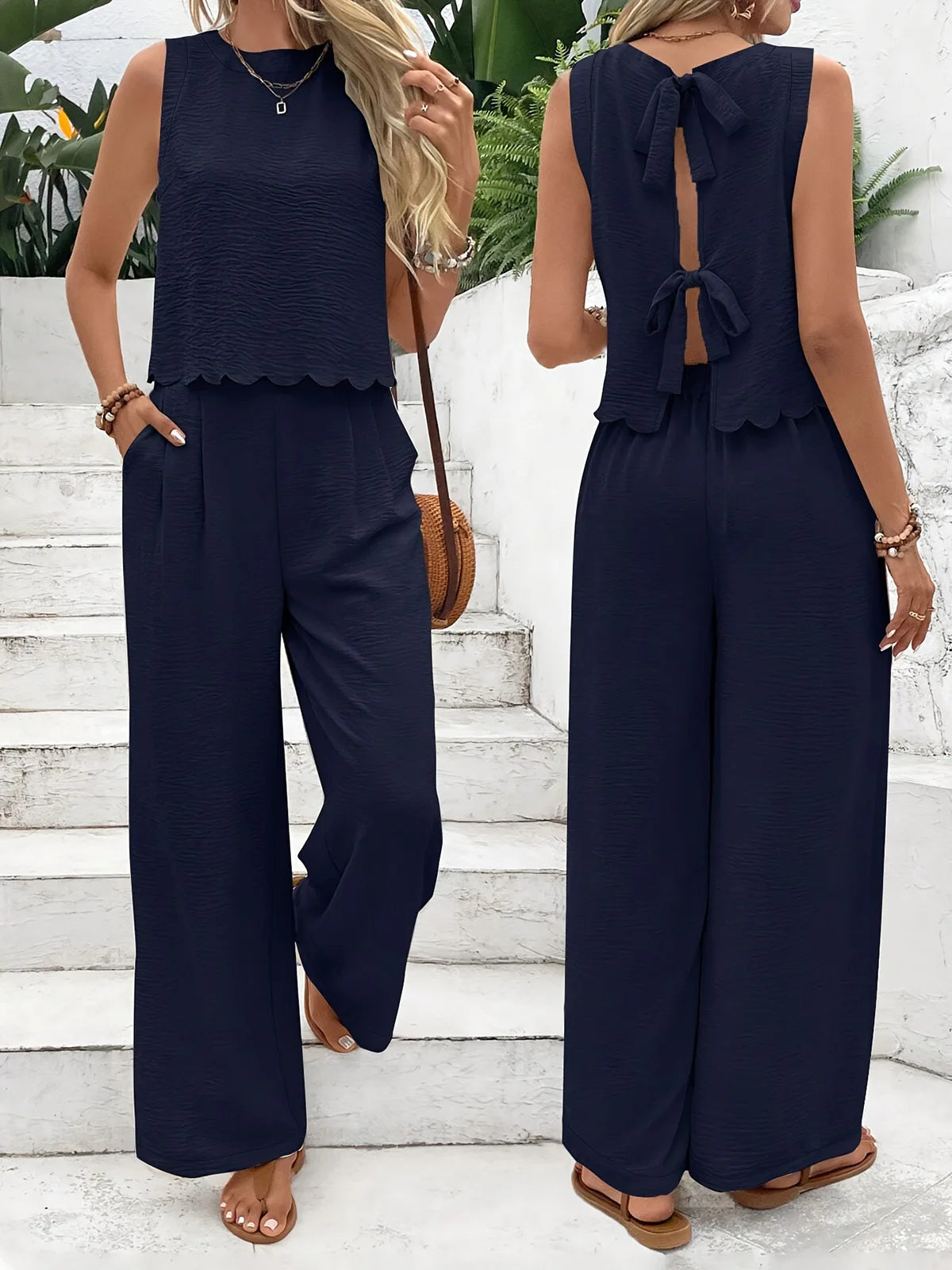 Conjunto de dos piezas con corbata de lino estilo dinero antiguo para todos los días, Top sin mangas y pantalones recortados con concha, verano para mujer