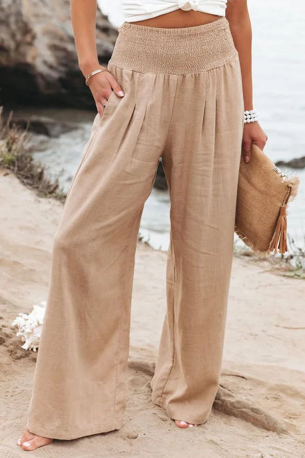 Pantalones casuales de mujer con cordón, cintura media, pierna ancha de playa, primavera y verano, pantalones europeos y americanos