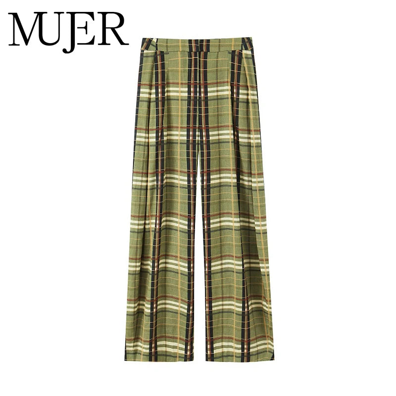 MUJER pantalones holgados a cuadros para mujer, pantalones informales de pierna ancha para mujer, pantalones de talla grande de cintura media para mujer, pantalones plisados Vintage para mujer
