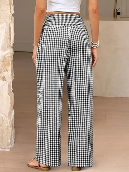 Pantalones Anchos de Cintura Media con Estampado Informal a Cuadros, de Algodón y Cáñamo, para Mujer, Primavera/Verano 2026