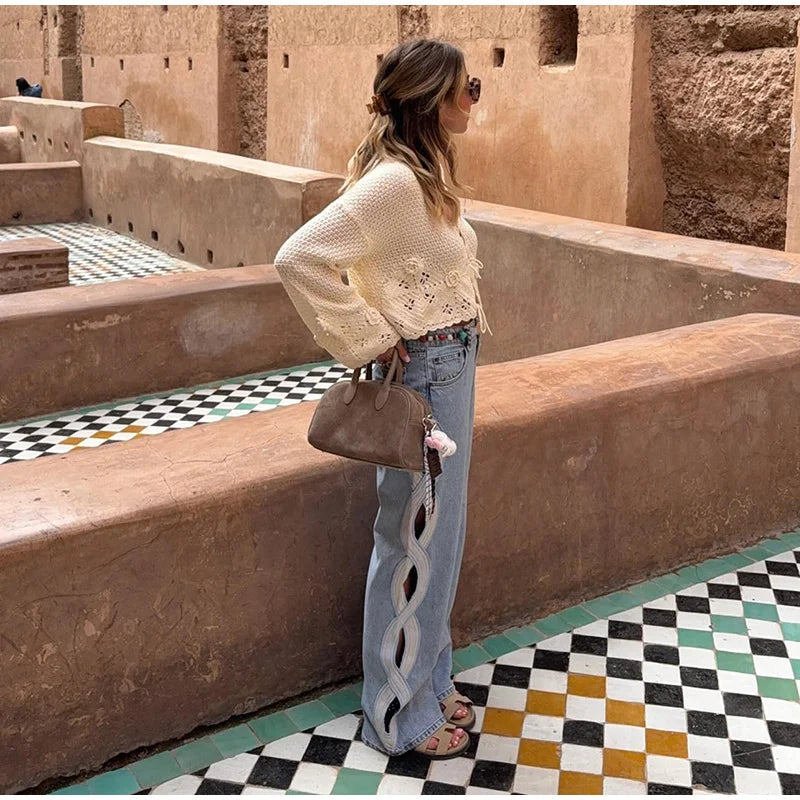 Moda mujer diamante estrella azul Jeans cintura alta bolsillos cremallera pierna ancha Denim pantalón 2026 primavera señora calle todo-fósforo pantalón
