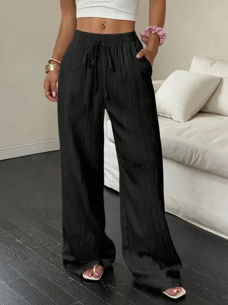 Pantalones de Moda Texturizados de Color Sólido, Pantalones Rectos con Cordones en la Cintura y Bolsillos para Mujer, Primavera-Verano, Ropa Mujer