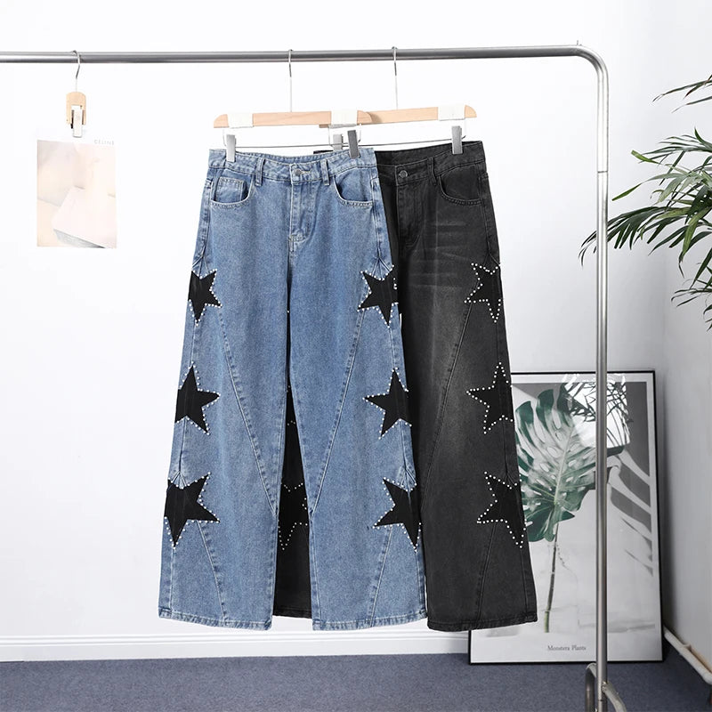 Moda mujer diamante estrella azul Jeans cintura alta bolsillos cremallera pierna ancha Denim pantalón 2026 primavera señora calle todo-fósforo pantalón