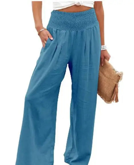 Pantalones casuales de mujer con cordón, cintura media, pierna ancha de playa, primavera y verano, pantalones europeos y americanos