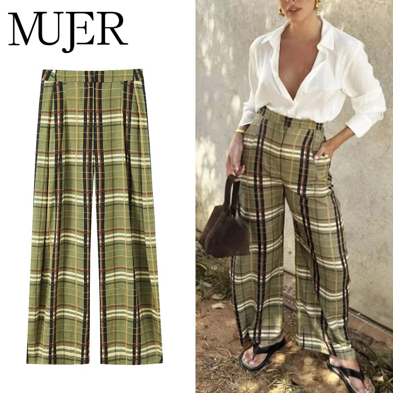 MUJER pantalones holgados a cuadros para mujer, pantalones informales de pierna ancha para mujer, pantalones de talla grande de cintura media para mujer, pantalones plisados Vintage para mujer