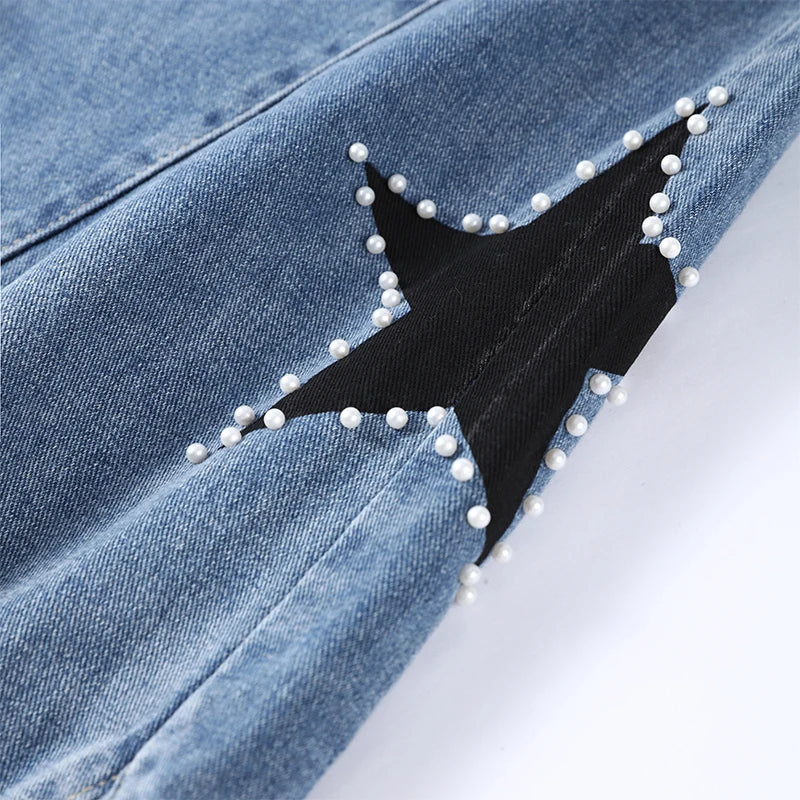 Moda mujer diamante estrella azul Jeans cintura alta bolsillos cremallera pierna ancha Denim pantalón 2026 primavera señora calle todo-fósforo pantalón