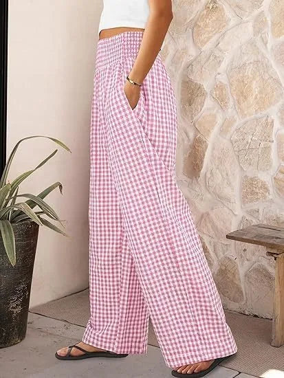 Pantalones Anchos de Cintura Media con Estampado Informal a Cuadros, de Algodón y Cáñamo, para Mujer, Primavera/Verano 2026