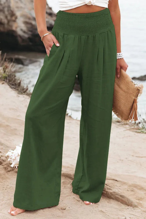 Pantalones casuales de mujer con cordón, cintura media, pierna ancha de playa, primavera y verano, pantalones europeos y americanos