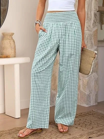 Pantalones Anchos de Cintura Media con Estampado Informal a Cuadros, de Algodón y Cáñamo, para Mujer, Primavera/Verano 2026