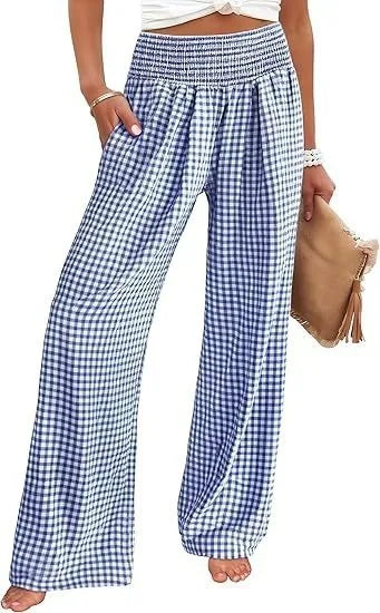 Pantalones Anchos de Cintura Media con Estampado Informal a Cuadros, de Algodón y Cáñamo, para Mujer, Primavera/Verano 2026