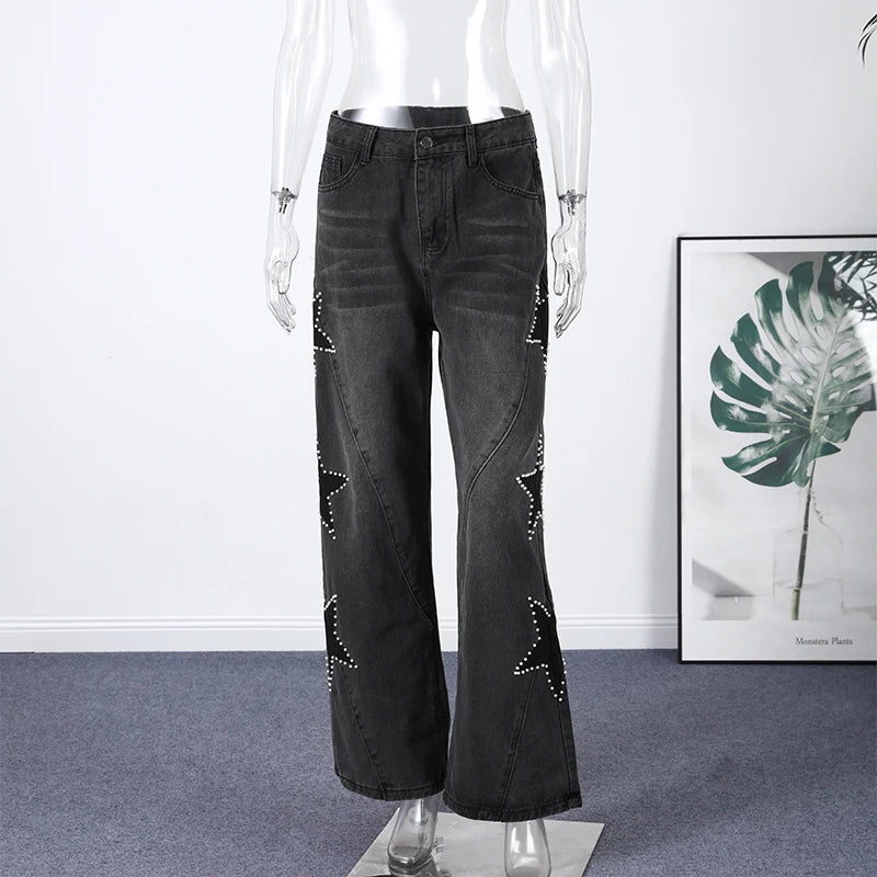 Moda mujer diamante estrella azul Jeans cintura alta bolsillos cremallera pierna ancha Denim pantalón 2026 primavera señora calle todo-fósforo pantalón