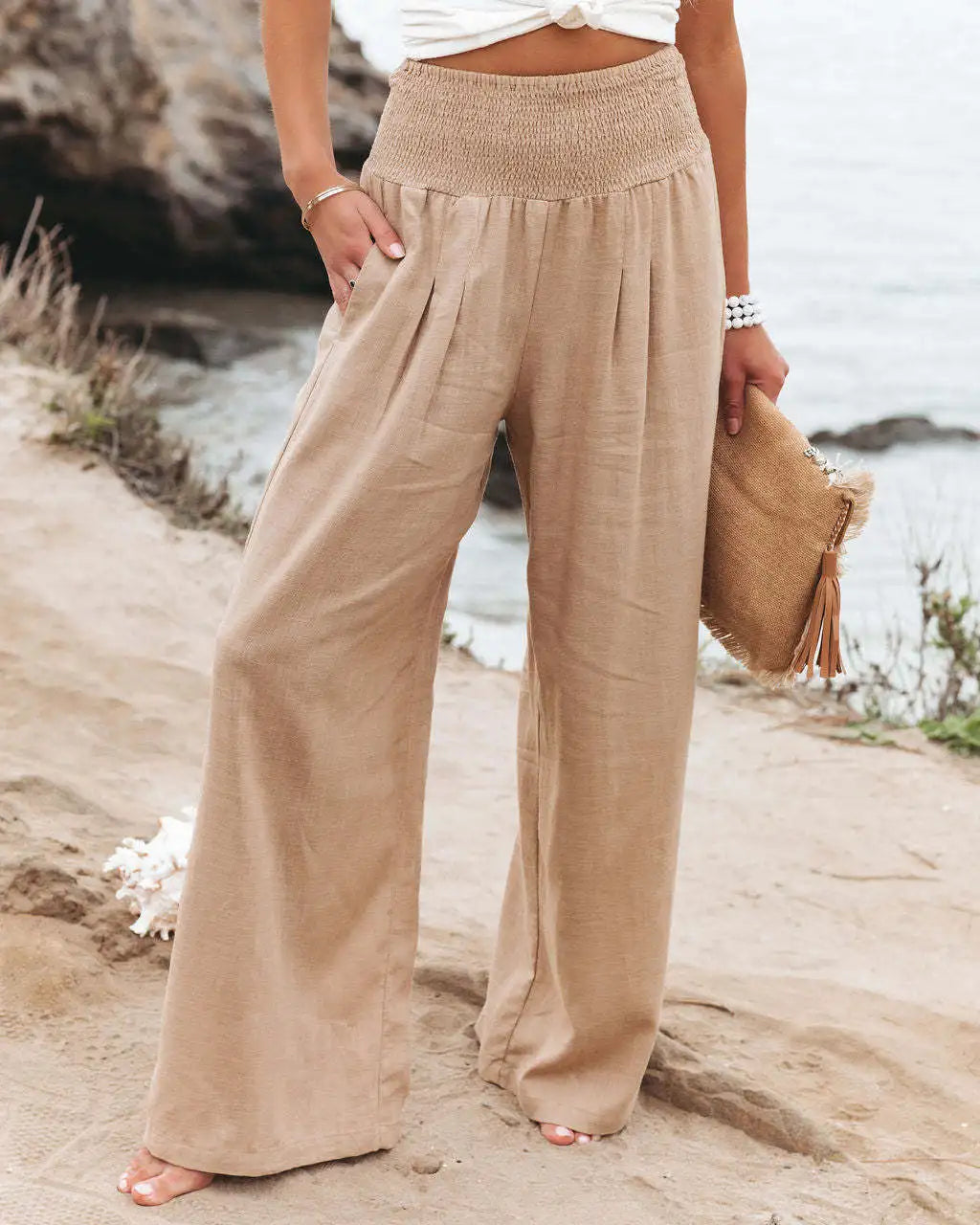 Pantalones casuales de mujer con cordón, cintura media, pierna ancha de playa, primavera y verano, pantalones europeos y americanos