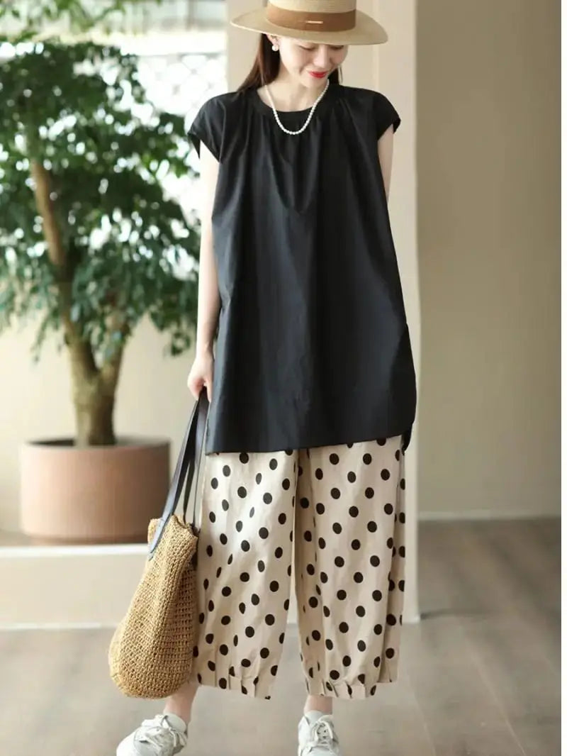 Pantalones de pierna ancha de lunares para mujer, novedad de verano, pantalones cortos informales finos y sueltos