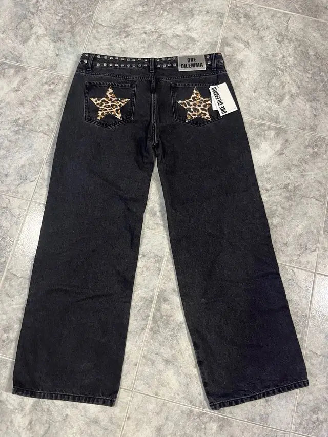 Y2k One Dilemma pantalones vaqueros con estampado de leopardo y estrellas, pantalones vaqueros de pierna ancha, ropa de calle, pantalones vaqueros holgados de cintura alta, ropa gótica Harajuku para mujer