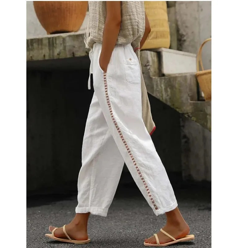 Pantalones Casuales de Mujer con Encaje y Parches, Estilo Capri, para Primavera y Verano, Nuevas Llegadas