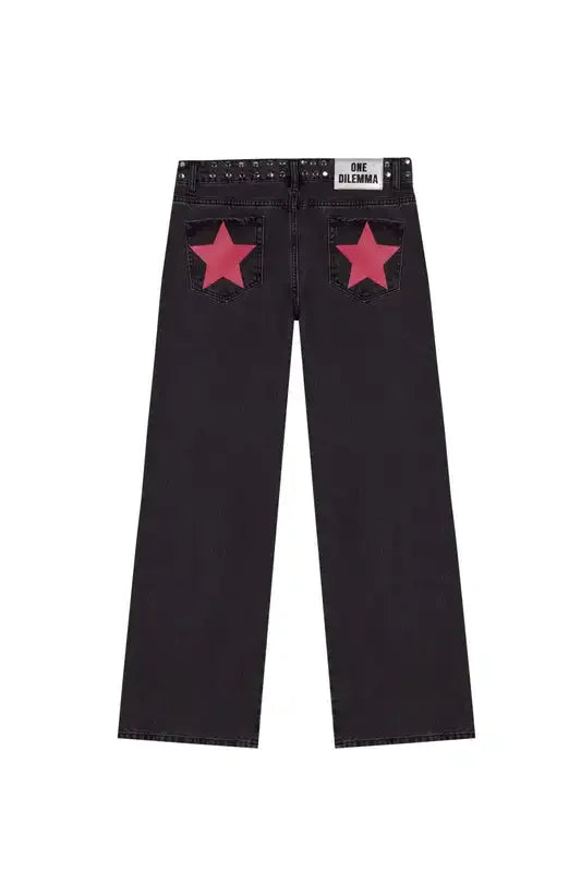 Y2k One Dilemma pantalones vaqueros con estampado de leopardo y estrellas, pantalones vaqueros de pierna ancha, ropa de calle, pantalones vaqueros holgados de cintura alta, ropa gótica Harajuku para mujer