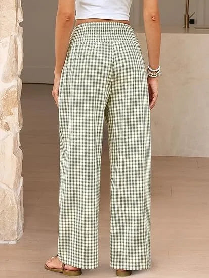 Pantalones Anchos de Cintura Media con Estampado Informal a Cuadros, de Algodón y Cáñamo, para Mujer, Primavera/Verano 2026