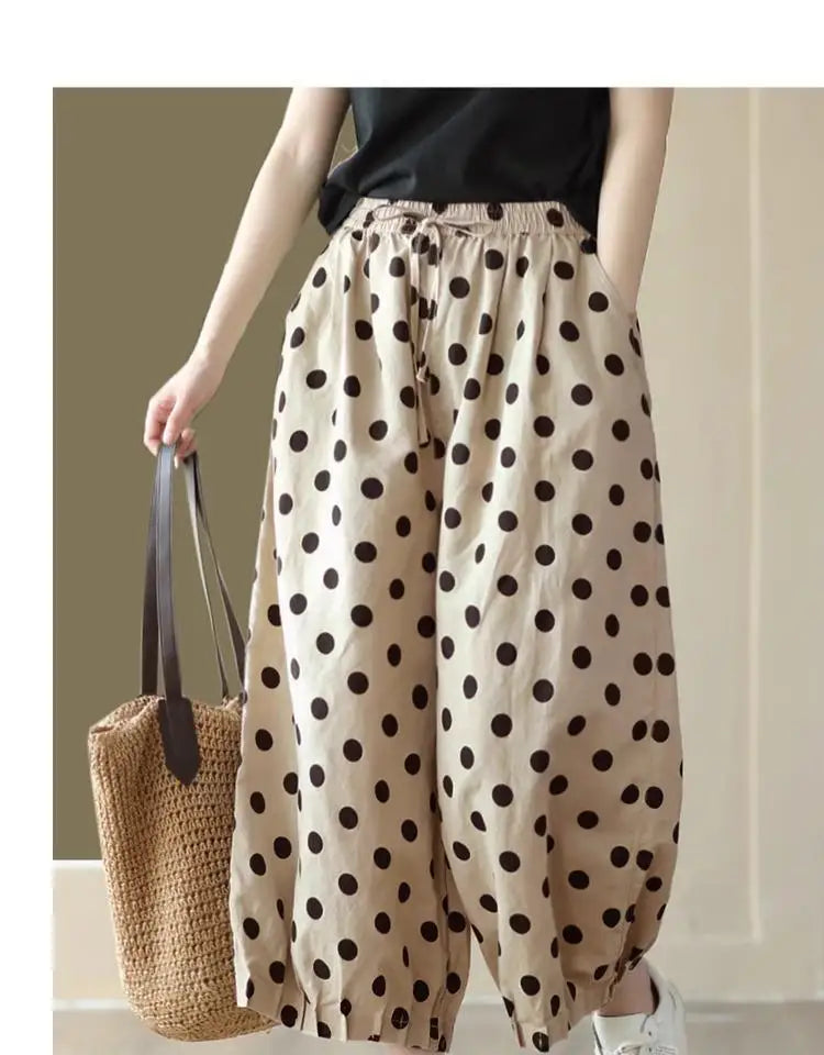 Pantalones de pierna ancha de lunares para mujer, novedad de verano, pantalones cortos informales finos y sueltos