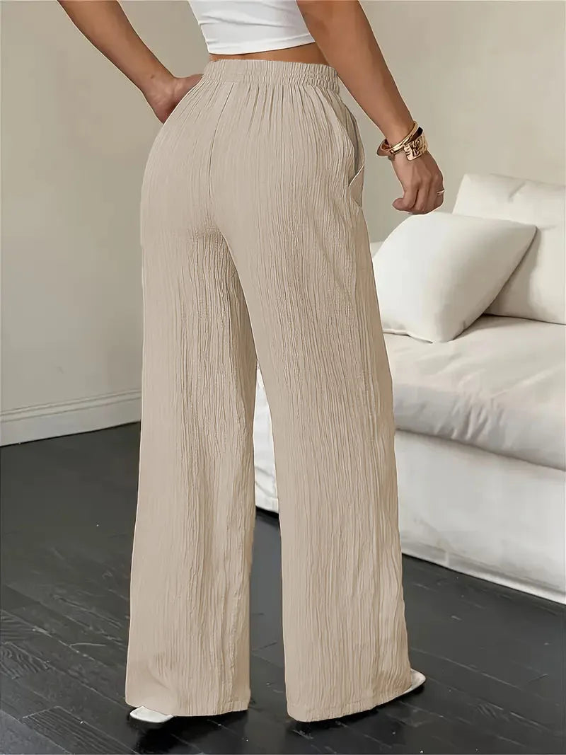 Pantalones de Moda Texturizados de Color Sólido, Pantalones Rectos con Cordones en la Cintura y Bolsillos para Mujer, Primavera-Verano, Ropa Mujer