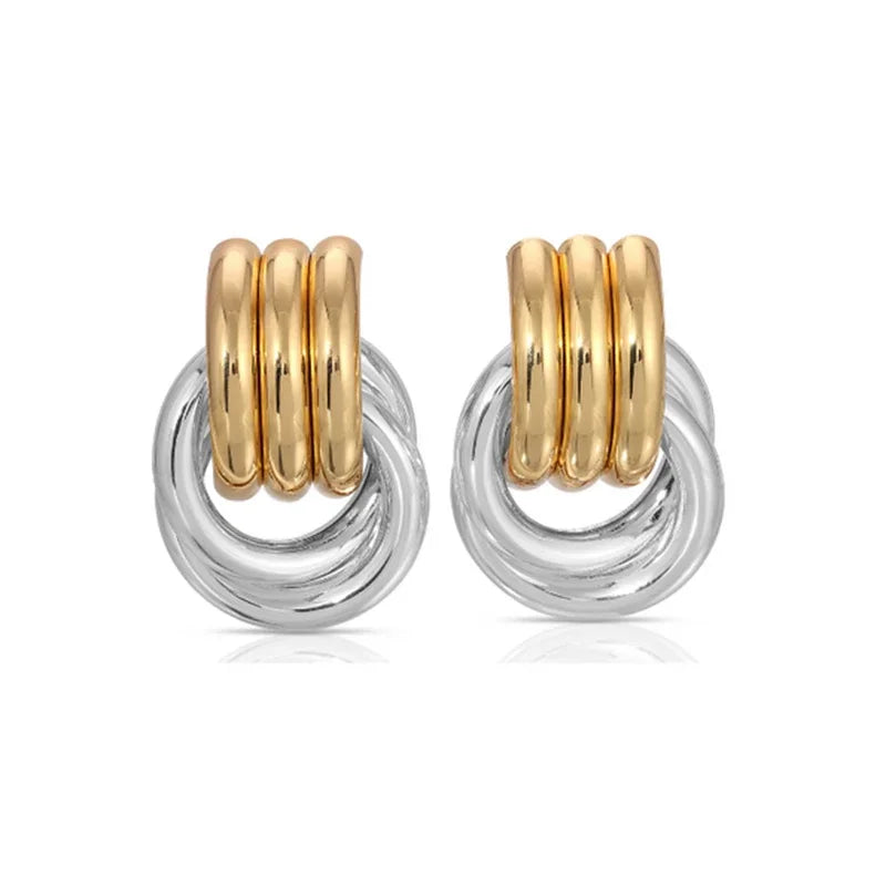 Pendientes de nudo torcido circulares multicapa de acero inoxidable a la moda para mujer, pendientes llamativos chapados en oro con textura de colores mezclados, bisutería