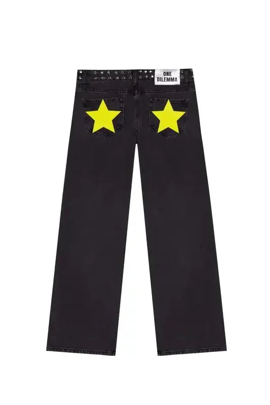 Y2k One Dilemma pantalones vaqueros con estampado de leopardo y estrellas, pantalones vaqueros de pierna ancha, ropa de calle, pantalones vaqueros holgados de cintura alta, ropa gótica Harajuku para mujer