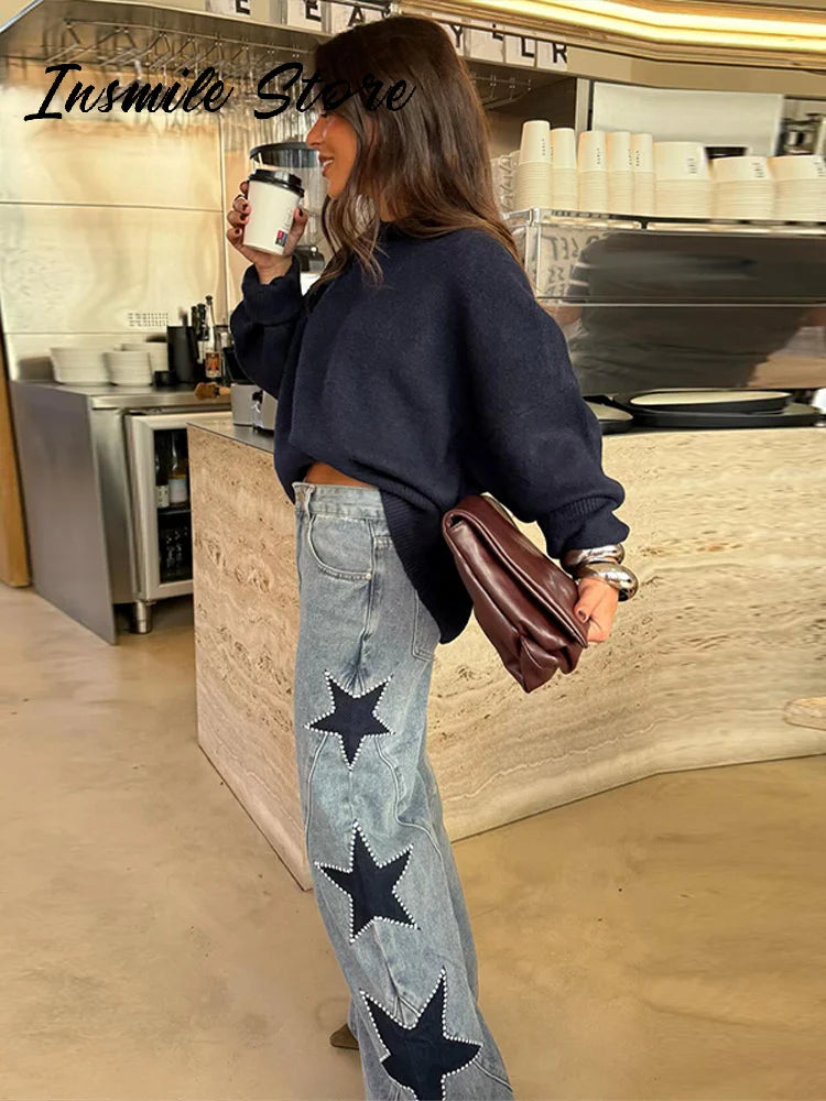 Moda mujer diamante estrella azul Jeans cintura alta bolsillos cremallera pierna ancha Denim pantalón 2026 primavera señora calle todo-fósforo pantalón