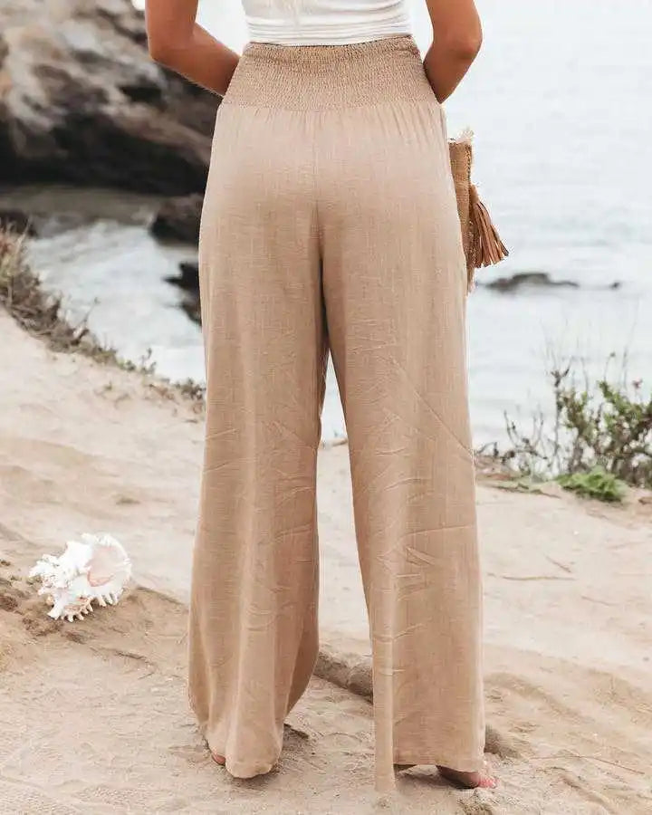 Pantalones casuales de mujer con cordón, cintura media, pierna ancha de playa, primavera y verano, pantalones europeos y americanos