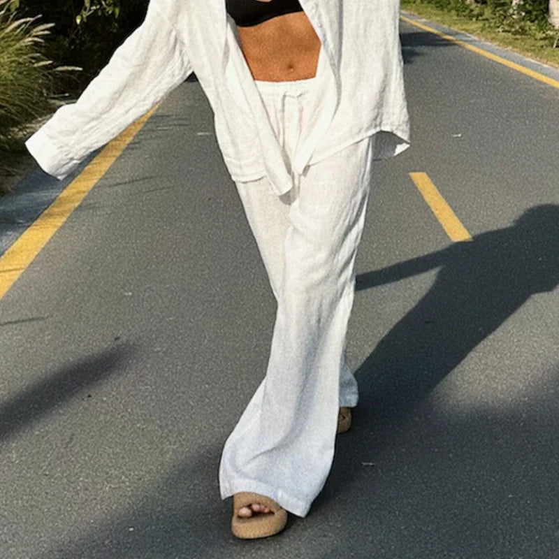 Pantalones holgados elegantes de lino y algodón para mujer, pantalón holgado de pierna ancha con cordón y cintura alta, ropa de calle informal, pantalones nuevos