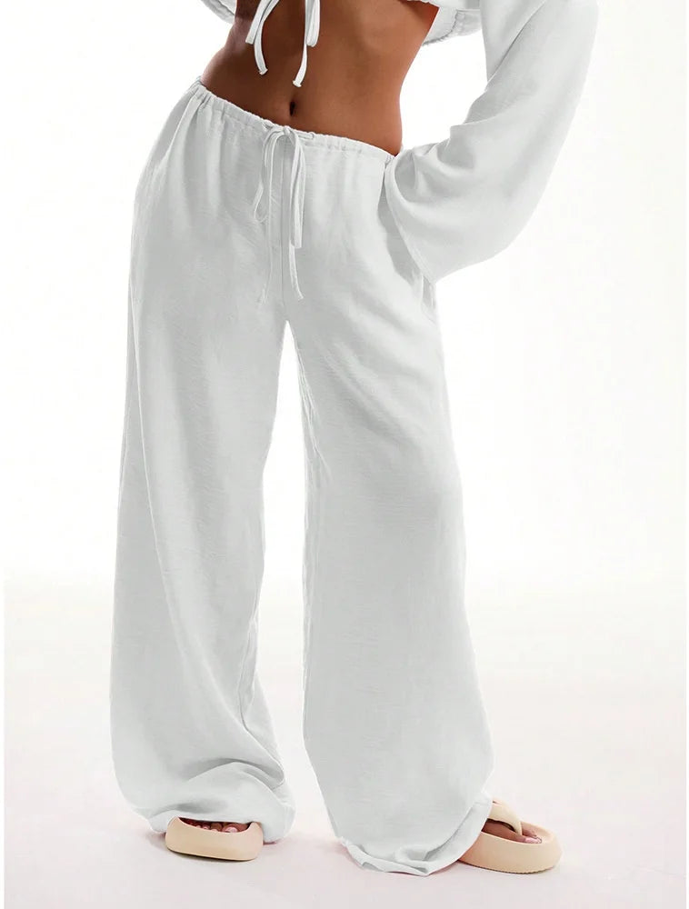 Pantalones holgados elegantes de lino y algodón para mujer, pantalón holgado de pierna ancha con cordón y cintura alta, ropa de calle informal, pantalones nuevos