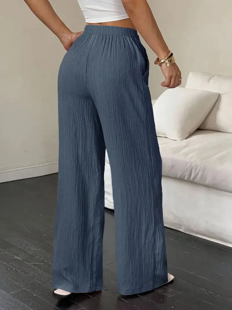 Pantalones de Moda Texturizados de Color Sólido, Pantalones Rectos con Cordones en la Cintura y Bolsillos para Mujer, Primavera-Verano, Ropa Mujer