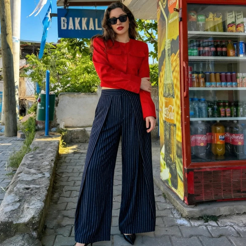 Pantalones anchos plisados HXAO para mujer, pantalones de traje holgados para mujer, pantalones beige de cintura alta para oficina y trabajo, pantalones de pierna ancha oversize para primavera