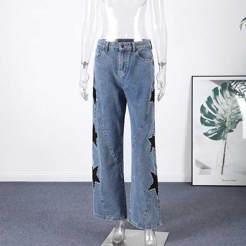 Moda mujer diamante estrella azul Jeans cintura alta bolsillos cremallera pierna ancha Denim pantalón 2026 primavera señora calle todo-fósforo pantalón