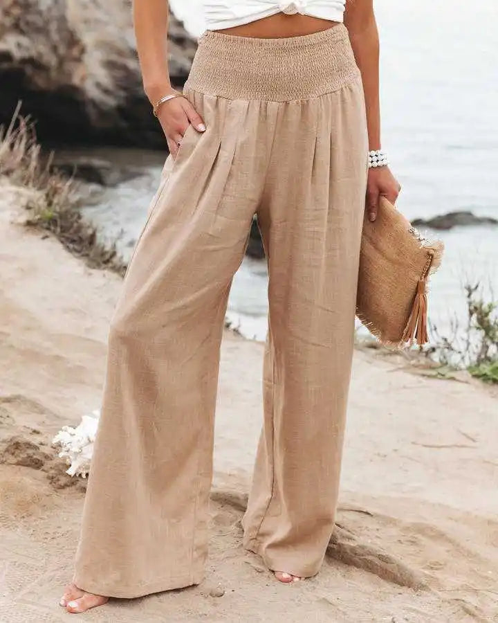 Pantalones casuales de mujer con cordón, cintura media, pierna ancha de playa, primavera y verano, pantalones europeos y americanos